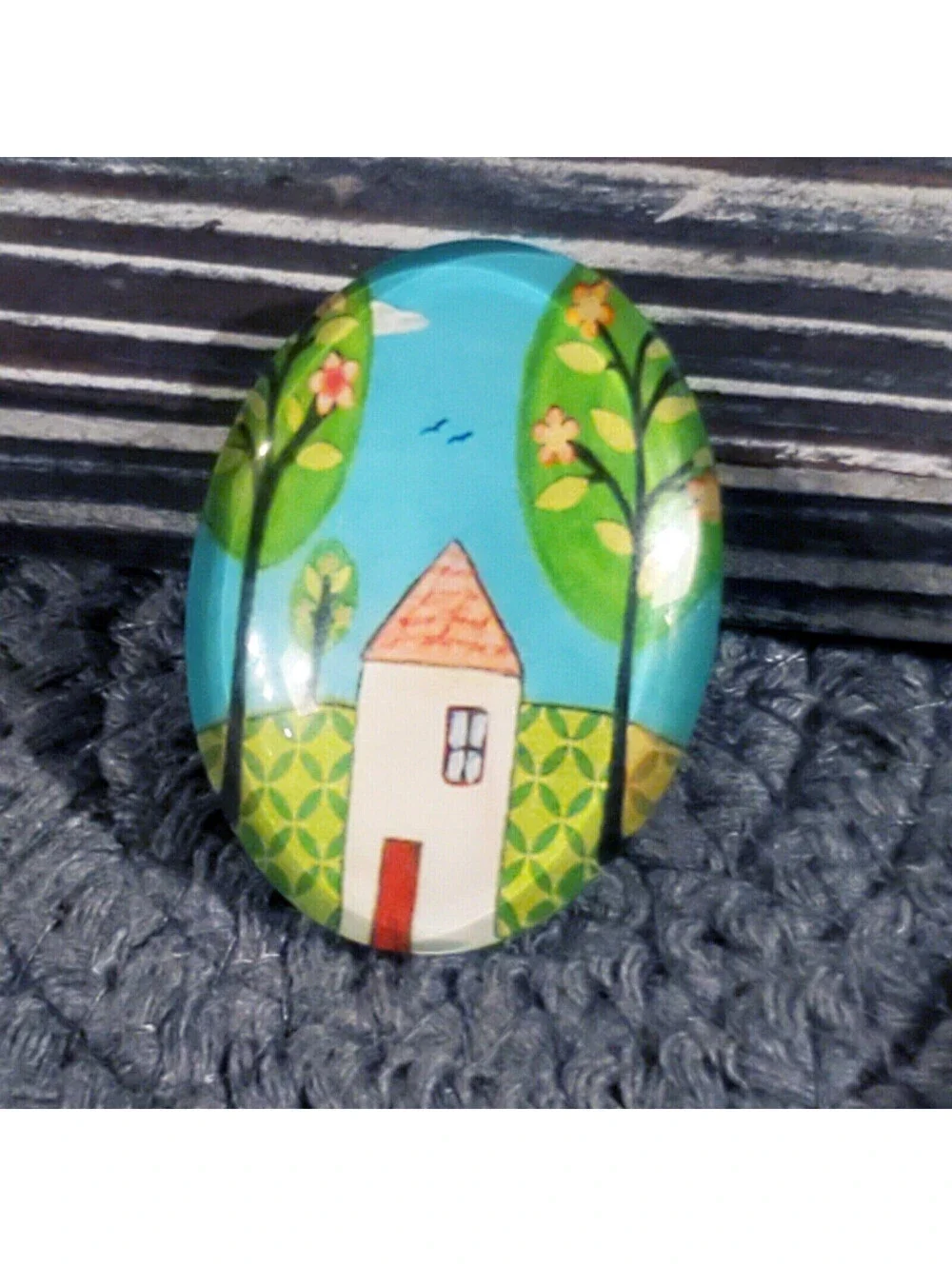 Handmade Trees and House 40x30mm Oval Tempered Glass Cabochon 6939-E